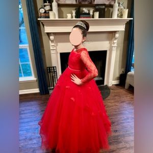 Girls size 12 crimson satin, lace and tulle Trish Scully ball gown with train.